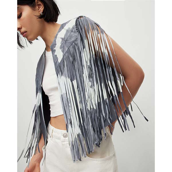 Allsaints Australia Womens Evie Leather Tie Dye Tassel Vest Blue AU62-231